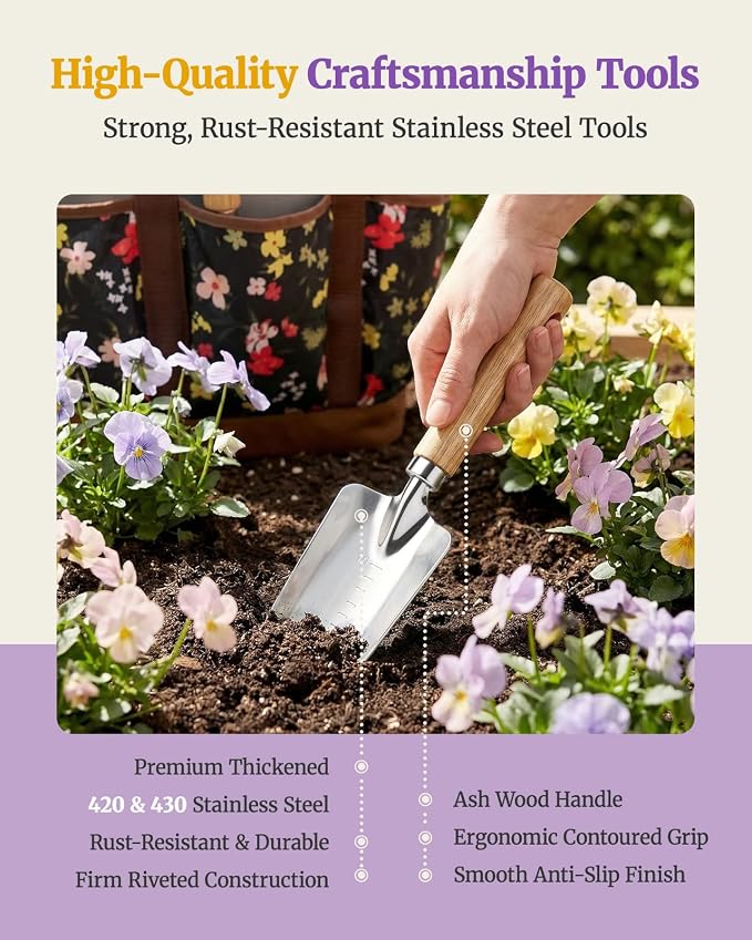 10-Piece Garden Tool Set, Heavy-Duty Stainless Steel Rust-Proof Gardening Tools with Ergonomic Wood Handles, Reinforced Organizer Handbag for Planting, Gardening Gift Set for Women, Mother
