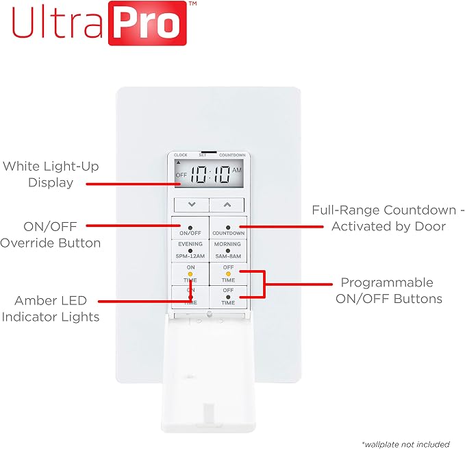 UltraPro 24-Hour Digital In-Wall Timer, Easy-to-Program, Presets, Countdown Timer, ON/OFF Override Button, 40955