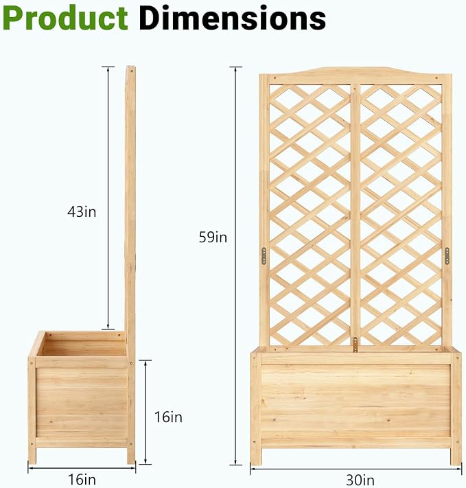 DoCred 2PCS 30" L x 16" W x 59" H Raised Garden Bed, Freestanding Elevated Planter Box with Trellis for Climbing Plants, Outdoor Wooden Privacy Screen with Garden Box for Backyard Patio Balcony Decor