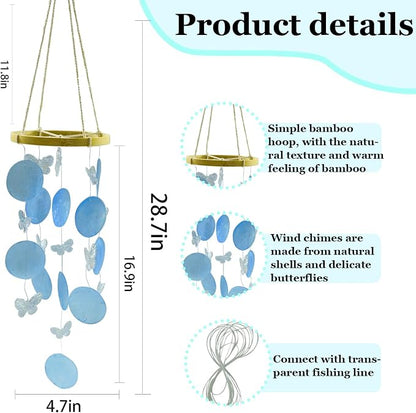 Wind Chimes Outdoor with Round Capiz Shells Butterfly,Ocean Theme Party Decorations Memorial Wind Chimes Suitable for Indoor Front Porch Garden Patio Decoration(Colorful 13inch)