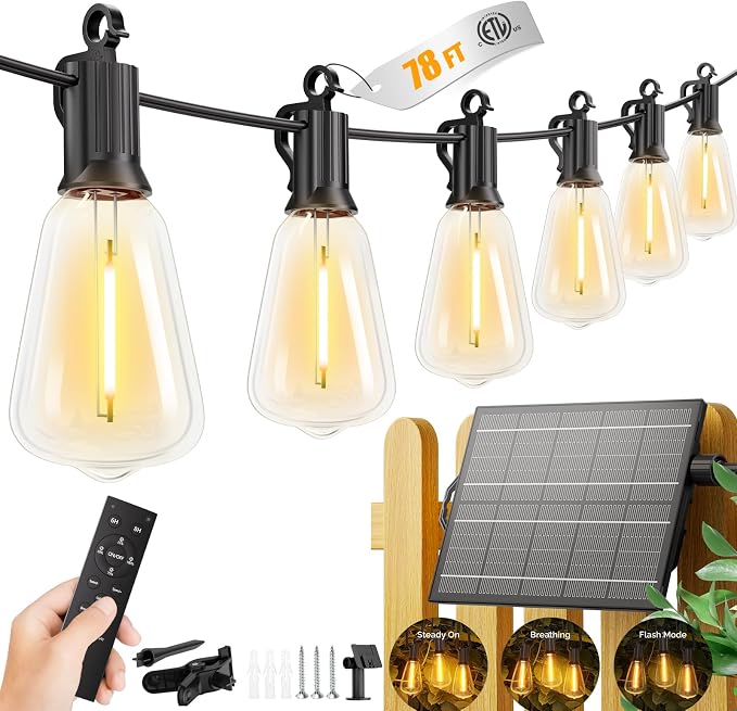 Brightown 78FT Solar String Lights Outdoor Waterproof with Remote, 35+1 LED Shatterproof Bulbs, Dimmable & Timable, 3 Light Modes - Commercial Grade Patio Lights for Garden Backyard Party Decor
