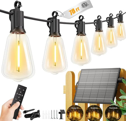 Brightown 78FT Solar String Lights Outdoor Waterproof with Remote, 35+1 LED Shatterproof Bulbs, Dimmable & Timable, 3 Light Modes - Commercial Grade Patio Lights for Garden Backyard Party Decor