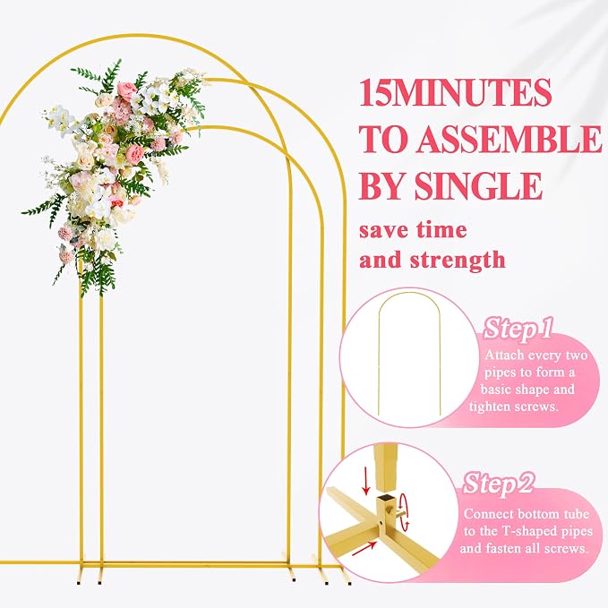 Wokceer Wedding Arch Backdrop Stand 8FT, 7.2FT, 6.6FT Set of 3 Gold Metal Arch Backdrop Stand for Wedding Ceremony Baby Shower Birthday Party Garden Floral Balloon Arch Decoration
