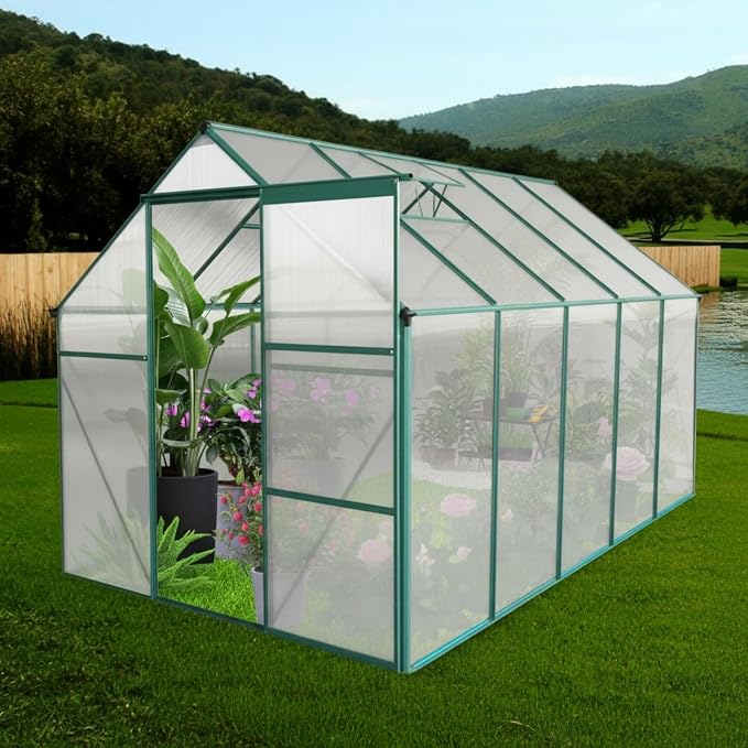 6x12 FT Greenhouse, Walk-in Polycarbonate Greenhouses with Sliding Doors, Aluminum Frame, Adjustable Roof Vent, Raised Base & Anchor, Outdoor Backyard Greenhouse for All Seasons, Green