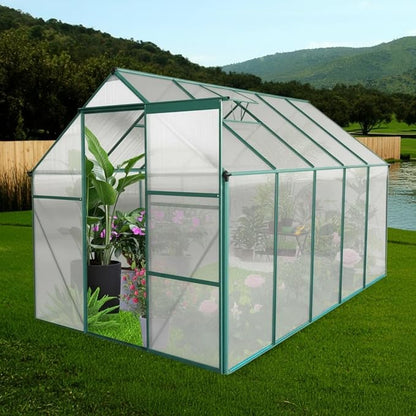 6x12 FT Greenhouse, Walk-in Polycarbonate Greenhouses with Sliding Doors, Aluminum Frame, Adjustable Roof Vent, Raised Base & Anchor, Outdoor Backyard Greenhouse for All Seasons, Green