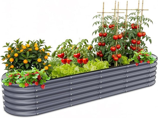Gruper Galvanized Raised Garden Bed, 8×2×1.4 ft Tall Oval Large Metal Planter Raised Garden Boxes Outdoor for Vegetable Fruits Flower Herb, Anti-Rust and Sturdy & Easy-Setup