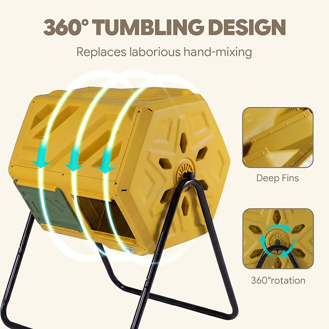 Werph 43 Gal Outdoor Compost Bin for Garden & Kitchen Waste, Yellow | Fast Assembly, Dual Chamber with Aeration System, 360° Rotating, Tumbling Composting Bin for Kitchen, Garden, Yard
