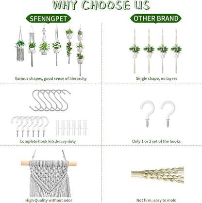 SFENNGPET Macrame Plant Hangers, 6Pack Hanging Planters for Indoor Plants w/ 6 Set Hangers Kit Handmade Macromay Plant Hangers Indoor Flower Pots Holder Stand for Boho Home Décor (POTS NOT Included)