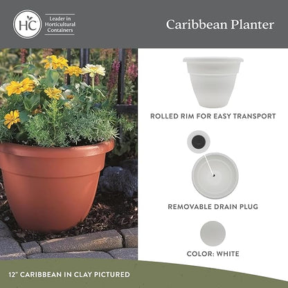 The HC Companies 12 Inch Caribbean Planter Pots with Drainage & Plug, Rolled Rim Plastic Planters for Indoor & Outdoor Plants, 2-Pack Decorative Flower Pots for Garden, Office & Home Decor, White