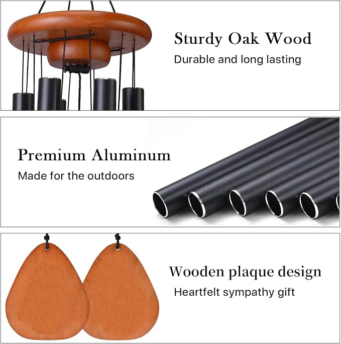 37 Inch Large Aluminum Wind Chimes, Classic Black with Deep Tone and Wood Top, Outdoor Decor for Garden Patio Backyard Porch, Birthday Housewarming Gift