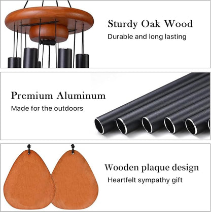 37 Inch Large Aluminum Wind Chimes, Classic Black with Deep Tone and Wood Top, Outdoor Decor for Garden Patio Backyard Porch, Birthday Housewarming Gift