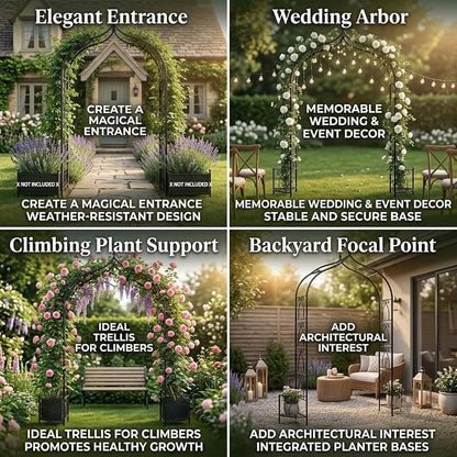 Metal Garden Arbors 8Ft Thickened Arch Trellis for Climbing Plants | Outdoor Arbor with Planter Box Rustproof Trellises Grapes Rose Wedding Arched Entrance Backdrop Stand Party Event Decoration