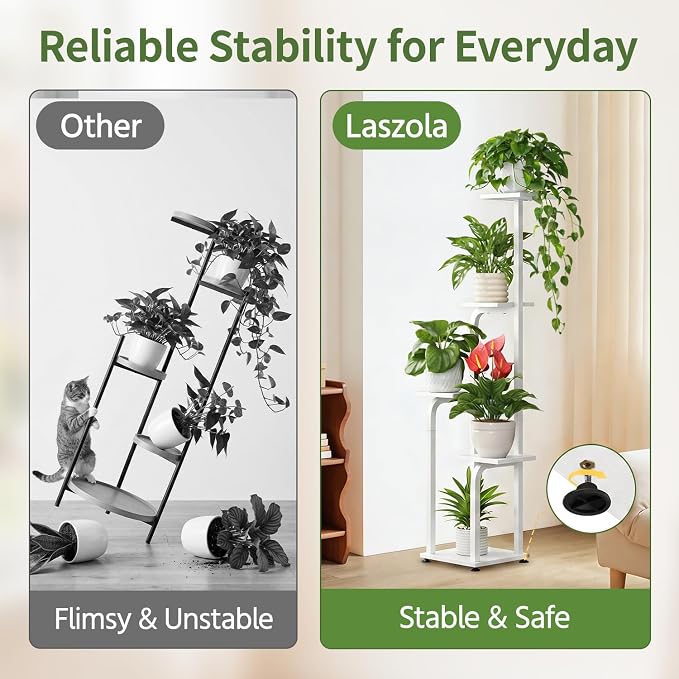 LASZOLA 5 Tiered Plant Stand Tall for Indoor Corner, Modern Multiple Flower Display Rack with Wooden Tray, Vertical Planter Shelf for Living Room Bedroom Patio Garden Balcony, White
