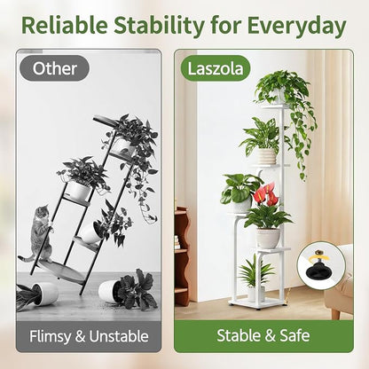 LASZOLA 5 Tiered Plant Stand Tall for Indoor Corner, Modern Multiple Flower Display Rack with Wooden Tray, Vertical Planter Shelf for Living Room Bedroom Patio Garden Balcony, White