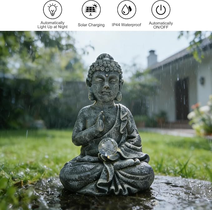 Suyorpe Buddha Statue Outdoor Statues with Solar Lights - Sitting Buddha Figurine for Garden, Zen Decor for Garden,Home, Patio, Lawn,Yard Balcony