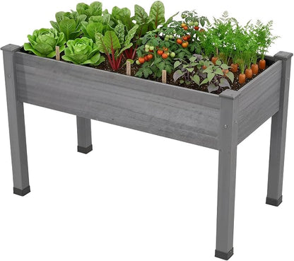 AMERLIFE Raised Garden Bed, 48x30x24 Inches Elevated Wood Planter Box with Legs, Bed Liner, Divider and Drainage Holes for Backyard, Patio, 200 lb Capacity - Grey