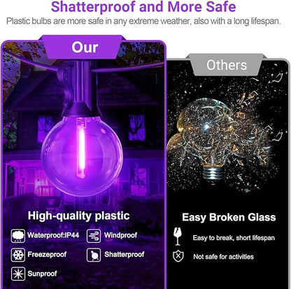LAMPHOME G40 LED Outdoor Halloween String Lights, 2 Pack 26FT Patio Lights with 12+1 Edison Shatterproof Bulbs(1 Spare), Connectable Outside Lights for Backyard Porch Halloween Christmas Decor, Purple