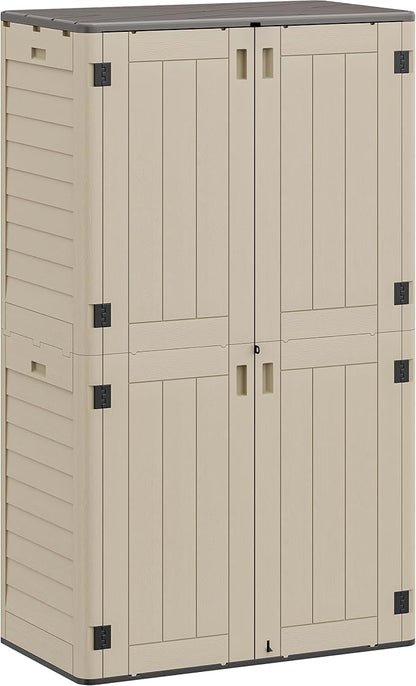 YITAHOME 60 cu ft Tall Outdoor Storage Shed w/o Shelf, Resin Vertical Outdoor Storage Shed, Large Waterproof Storage Cabinet for Garage, Poolside, and Garden (Khaki + Black)