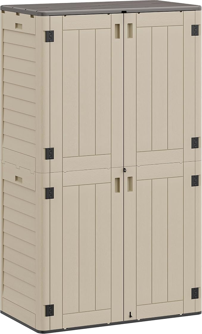 YITAHOME 60 cuft Vertical Outdoor Storage Shed w/o Shelf, Large Waterproof Storage Cabinet for Garden Shed, Tall Outdoor Storage Shed for Garage, Pool Storage, Resin, Lockable, Khaki & Brown