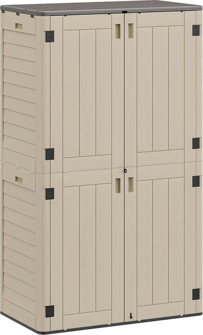 YITAHOME 60 cuft Vertical Outdoor Storage Shed w/o Shelf, Large Waterproof Storage Cabinet for Garden Shed, Tall Outdoor Storage Shed for Garage, Pool Storage, Resin, Lockable, Khaki & Brown