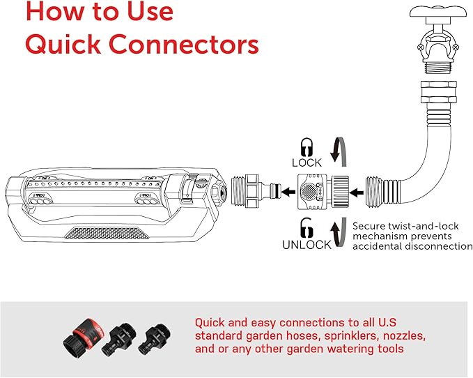 Eden 94116 Heavy Duty Metal 3-Way Oscillating Sprinkler for Large Lawn and Garden W/Quick Connect Starter Set