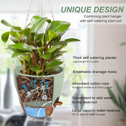 Vanslogreen 12 Inch Hanging Planters for Indoor Outdoor Plants, Self Watering Hanging Pot with Drainage Holes & Removable Tray, Macrame Plant Hanger for Boho Home Decor (Ivory+White) (Ivory+Green)