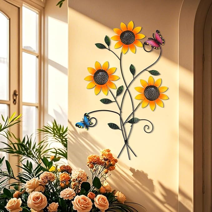 DETENE Metal Sunflower Wall Decor with Butterfly 3D Colorful Outdoor Wall Art Fence Decorations for Patio Metal Flowers Wall Hanging Ornament for Garden Porch Living Room Balcony Farmhouse