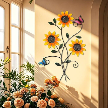 DETENE Metal Sunflower Wall Decor with Butterfly 3D Colorful Outdoor Wall Art Fence Decorations for Patio Metal Flowers Wall Hanging Ornament for Garden Porch Living Room Balcony Farmhouse