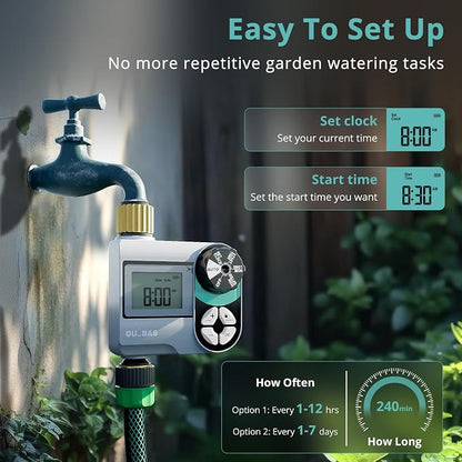 QUOBAS Brass Sprinkler Timer 2 Pack, Programmable Water Hose Timer for Garden Hose Faucet with Waterproof HD Screen, Rain Delay/Manual/Automatic Irrigation Watering System for Garden, Lawn, Yard