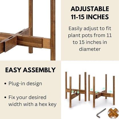 Fox & Fern Large Adjustable Plant Stand Indoor — 11 to 15 Inch Mid Century Bamboo Plant Stand - Plug In Design - Easy to Assemble - Two Heights - For 11, 12, 13, 14 & 15 Inch Pots (Not Included)