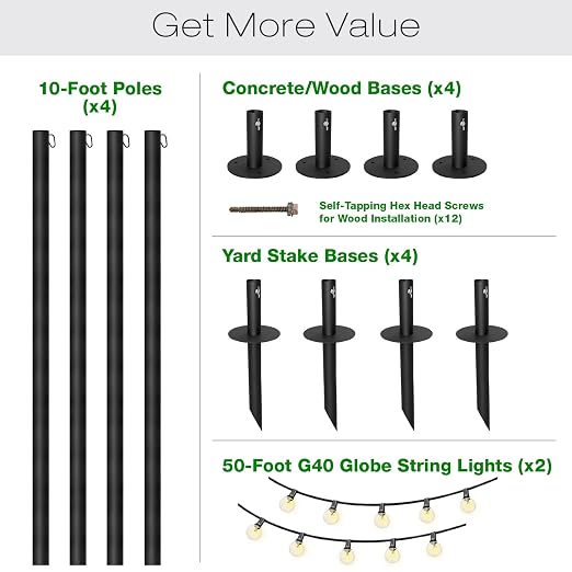 EXCELLO GLOBAL PRODUCTS Bistro String Light Poles - 4 Pack - Extends to 10 Feet - Universal Mounting Options Included with 100 ft. of G40 LED Lights (100 Lights)