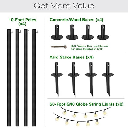 EXCELLO GLOBAL PRODUCTS Bistro String Light Poles - 4 Pack - Extends to 10 Feet - Universal Mounting Options Included with 100 ft. of G40 LED Lights (100 Lights)