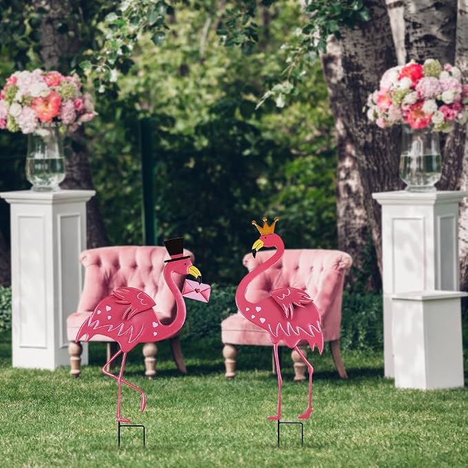 hogardeck Garden Decor for Outdoor, 2 Pcs 31" Metal Flamingos Decorative Garden Stakes for Garden Decor, Yard Sign for Home Outside Lawn Porch Anniversary Wedding Party