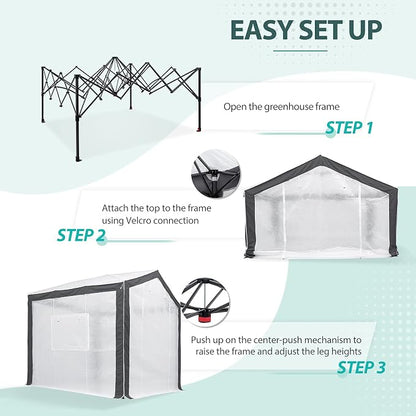 EAGLE PEAK 8x8 Portable Walk in Greenhouse with Polyester Reinforced Corners, Heavy Duty Instant Pop Up Indoor Outdoor Green House, Front Roll Up Zipper Entry Door and Mesh Windows, Gray/White