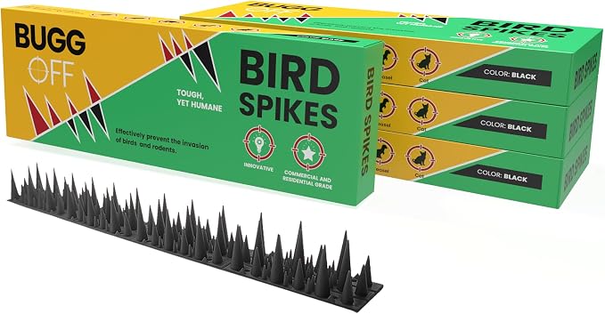 BUGGOFF - Black Plastic Bird & Rodent Spikes, Unique Spike Pattern effecitviely deteres Pesky Pigeons, Squirrels, Raccoons. Installs on Fences, Gates, Roofs, Walls and More! (52.5 Feet)