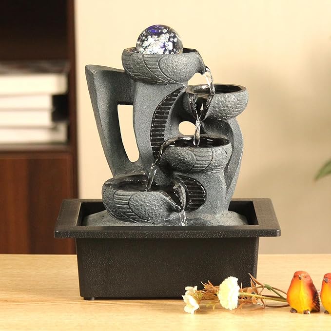 Indoor Tabletop Waterfall Fountain with Spining Orb for Home Office Desk, Gray Rock Resin Zen Water Feature with Soothing Sound for Relaxation & Meditation