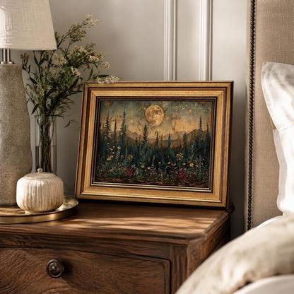 Devunaty Gold Framed Vintage Forest Full Moon Wall Art, Moonlit Pine Tree Wall Decor Paintings,Wildflowers and Mountains Rustic Woodland Nature Landscape Picture Canvas Print for Living Room 12"x16"