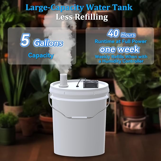 19L Large DIY Humidifier Kit - for Plants, Mushrooms, Grow Tents, Terrarium | Turns a 5 Gallon Bucket into Cool Mist Humidifier, Extendable Hose, High Output, Long Runtime (2-Fogger, Double Mist)