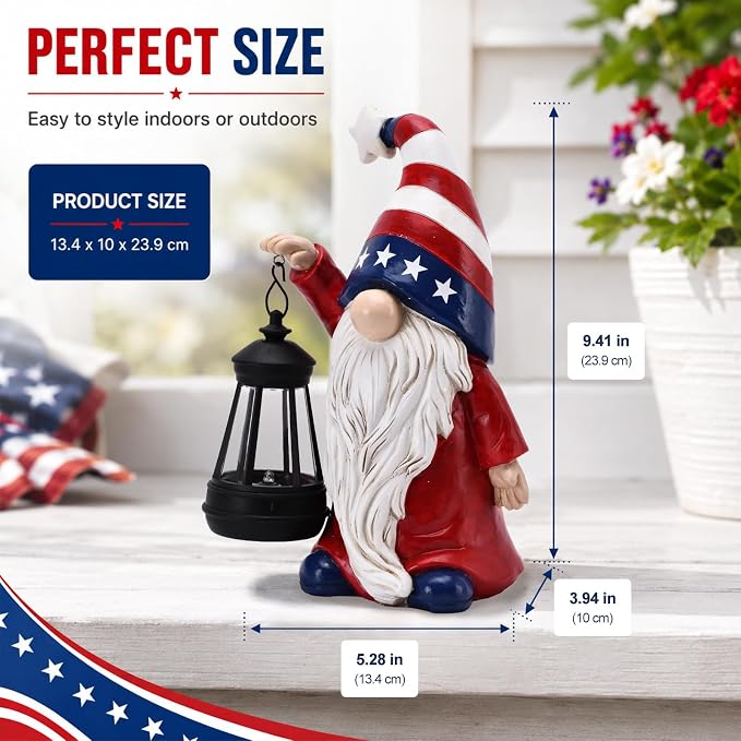 Solar Patriotic Gnome Lantern Statue, 9.4" Independence Day Garden Decor, American Flag Gnome Outdoor Decorations for Patio, Yard, Porch, and Lawn; Memorial Day and 4th of July Decor