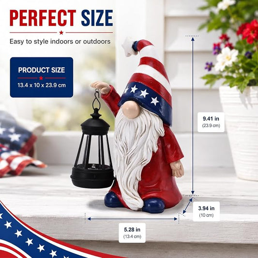 Solar Patriotic Gnome Lantern Statue, 9.4" Independence Day Garden Decor, American Flag Gnome Outdoor Decorations for Patio, Yard, Porch, and Lawn; Memorial Day and 4th of July Decor