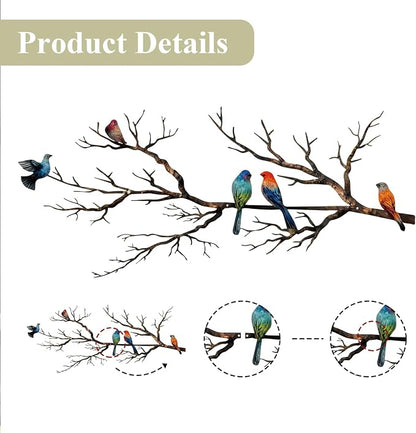 ESTART Metal Birds Wall Art, Metal Vivid Birds on Branch Silhouette Wall Decor Black Leaves with Bird Outdoor Hanging Wall Sculpture for Home Balcony Garden (Classic Color, Large)