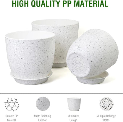 WSMKSZ Large Flower Pots 12/10/9 inch, Set of 3 Modern Decorative Plastic Planters with Drainage Holes and Saucers for Garden House Plants, Plant Pots for Indoor Outdoor Plants, Speckled White