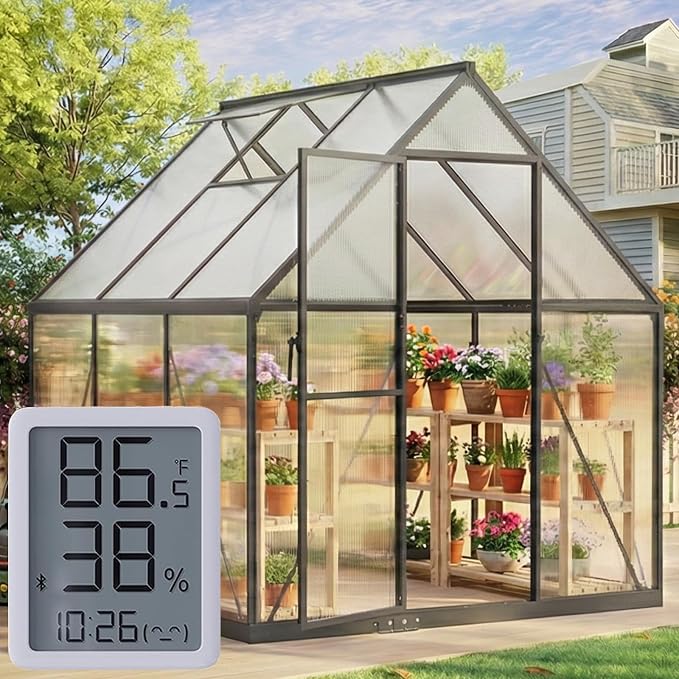 6X6FT Enhanced Aluminum Small Greenhouse for Outdoors with Thermometers | Easy Assembly, UV-Resistant Panels, Built-in Reinforcement, Lockable Sliding Door, Roof Vent, For Vegetable, Flower and Herb
