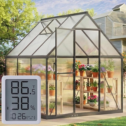 6X6FT Enhanced Aluminum Small Greenhouse for Outdoors with Thermometers | Easy Assembly, UV-Resistant Panels, Built-in Reinforcement, Lockable Sliding Door, Roof Vent, For Vegetable, Flower and Herb