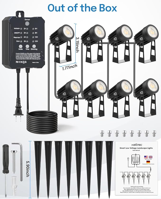 HIBOITEC Low Voltage Landscape Lighting with Transformer Photocell Sensor and Timer Spotlights Kit 68FT ETL Approved Wire Dimmable Waterproof 2700K for House Yard Trees Garden Plants Outdoor 8 Packs