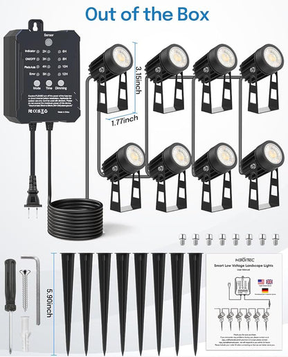 HIBOITEC Low Voltage Landscape Lighting with Transformer Photocell Sensor and Timer Spotlights Kit 68FT ETL Approved Wire Dimmable Waterproof 2700K for House Yard Trees Garden Plants Outdoor 8 Packs