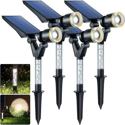 DenicMic Solar Spot Lights Outdoor Waterproof 5000K Cold White Lens LED | Adjustable Angle Long Throw Landscape Spotlights Solar Lights Outdoor for Yard Garden Wall Tree, Acrylic Lighted Pole，4 Pack