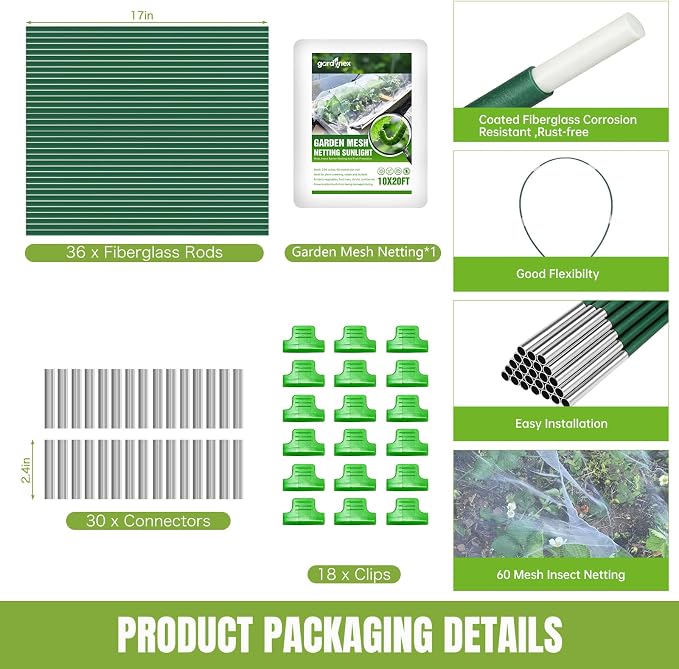 Garden Netting Kit with 36Pcs Garden Hoops, 10x20FT Ultra-Fine Mesh | Insect Barrier for Vegetables, Fruits & Flowers | Raised Bed & Row Cover Protection
