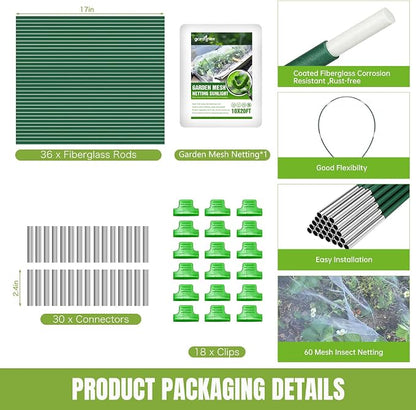 Garden Netting Kit with 36Pcs Garden Hoops, 10x20FT Ultra-Fine Mesh | Insect Barrier for Vegetables, Fruits & Flowers | Raised Bed & Row Cover Protection