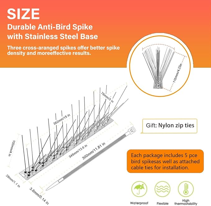 Bird Spikes,Stainless Steel for Outside Easy to Install - 15 Strips 17 Feet Coverage